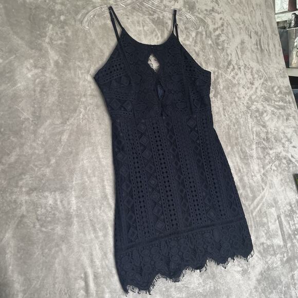 Storia Lace Dress Large Navy Blue Fringe Cut Out Party Club Cocktail Sexy Mini - Picture 2 of 9